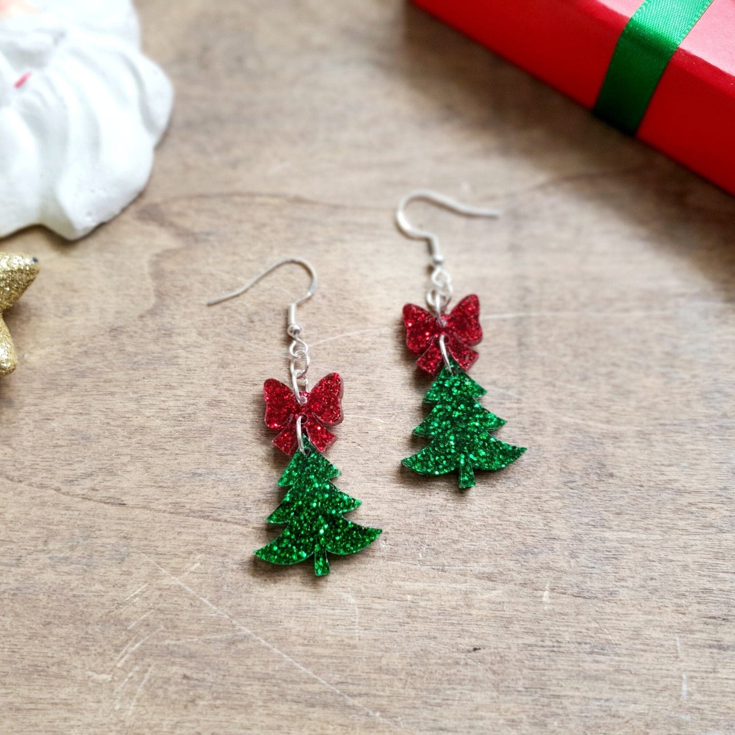 Christmas Tree & Bow Earrings Whimsic