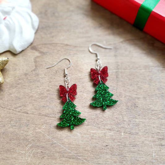 Christmas Tree & Bow Earrings Whimsic