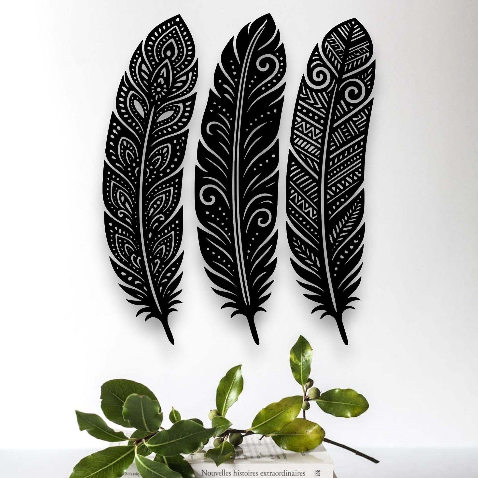 Detailed Huia Feather Trio Wall Decor Whimsic
