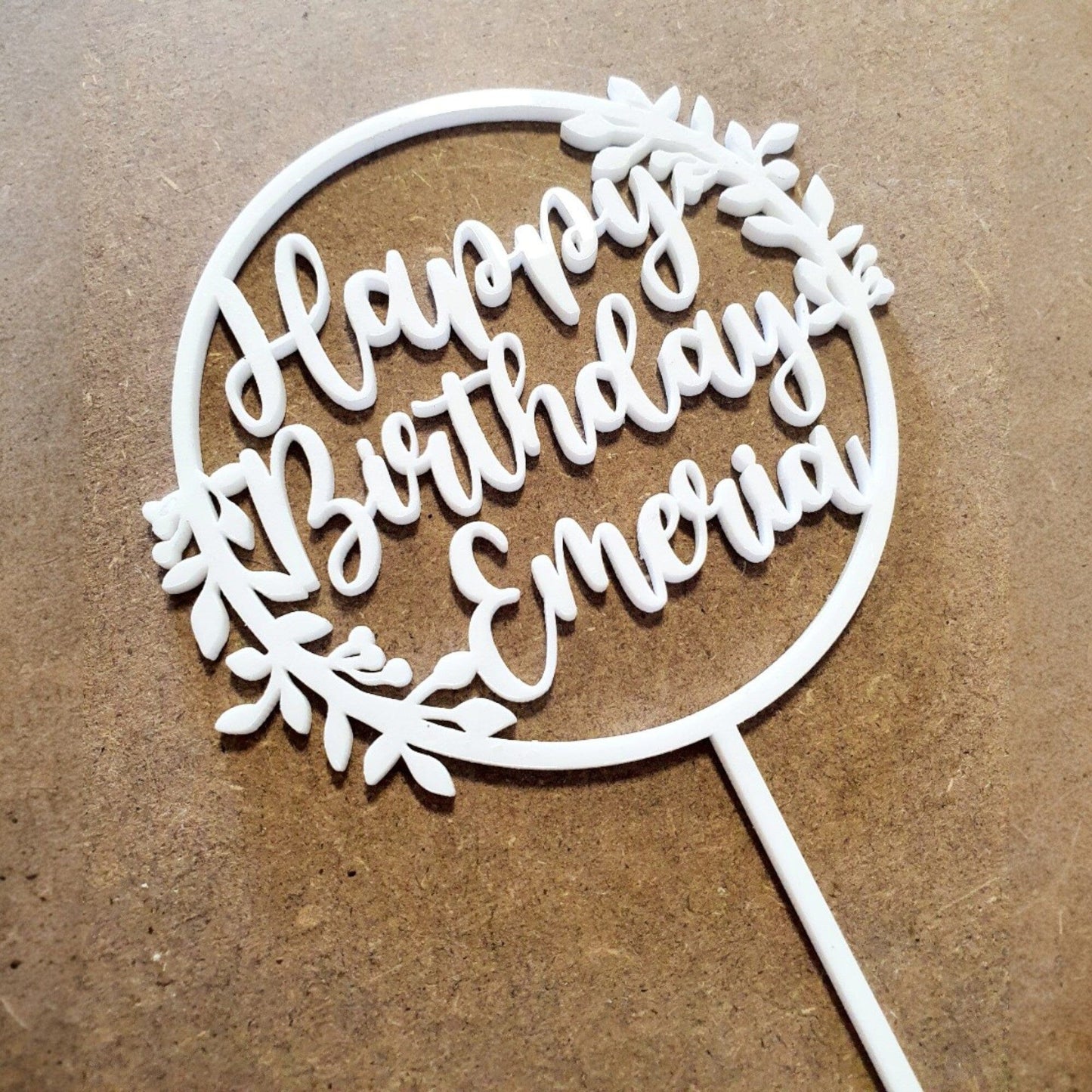 Happy Birthday Wreath Cake Topper Whimsic Small White Gloss Acrylic