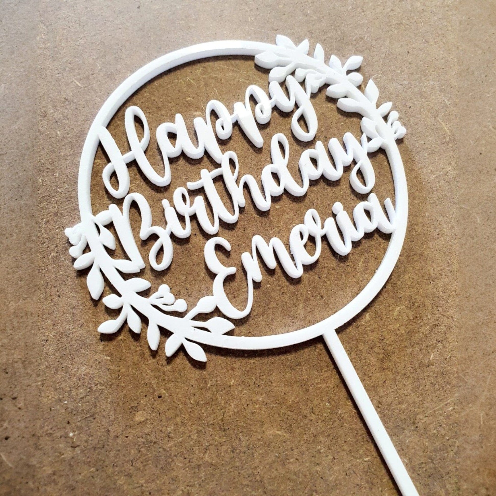Happy Birthday Wreath Cake Topper Whimsic Small White Gloss Acrylic