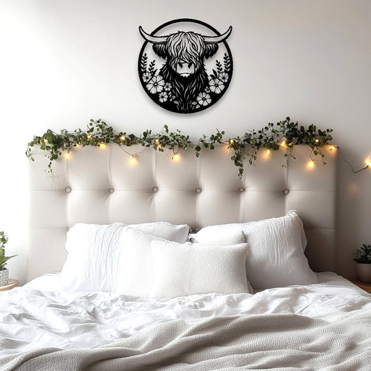 Floral Highland Cow Round Wall Art