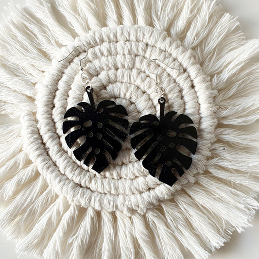 Monstera Earrings Whimsic Black Gloss Acrylic