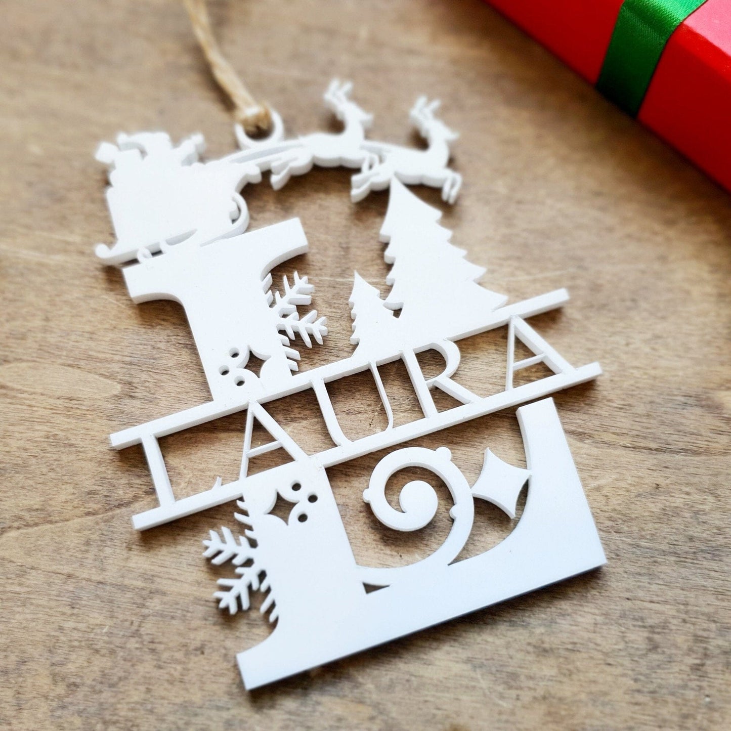 Personalised Christmas Santa Sleigh Ornament Whimsic Gloss White Acrylic