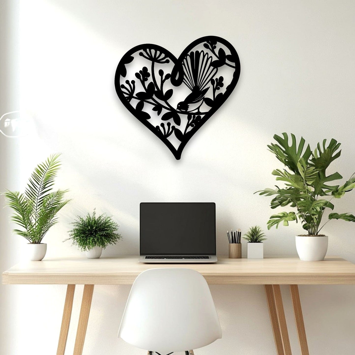 Pohutukawa Fantail Heart Wall Art Whimsic Black Gloss Acrylic Small - 30cm Tall