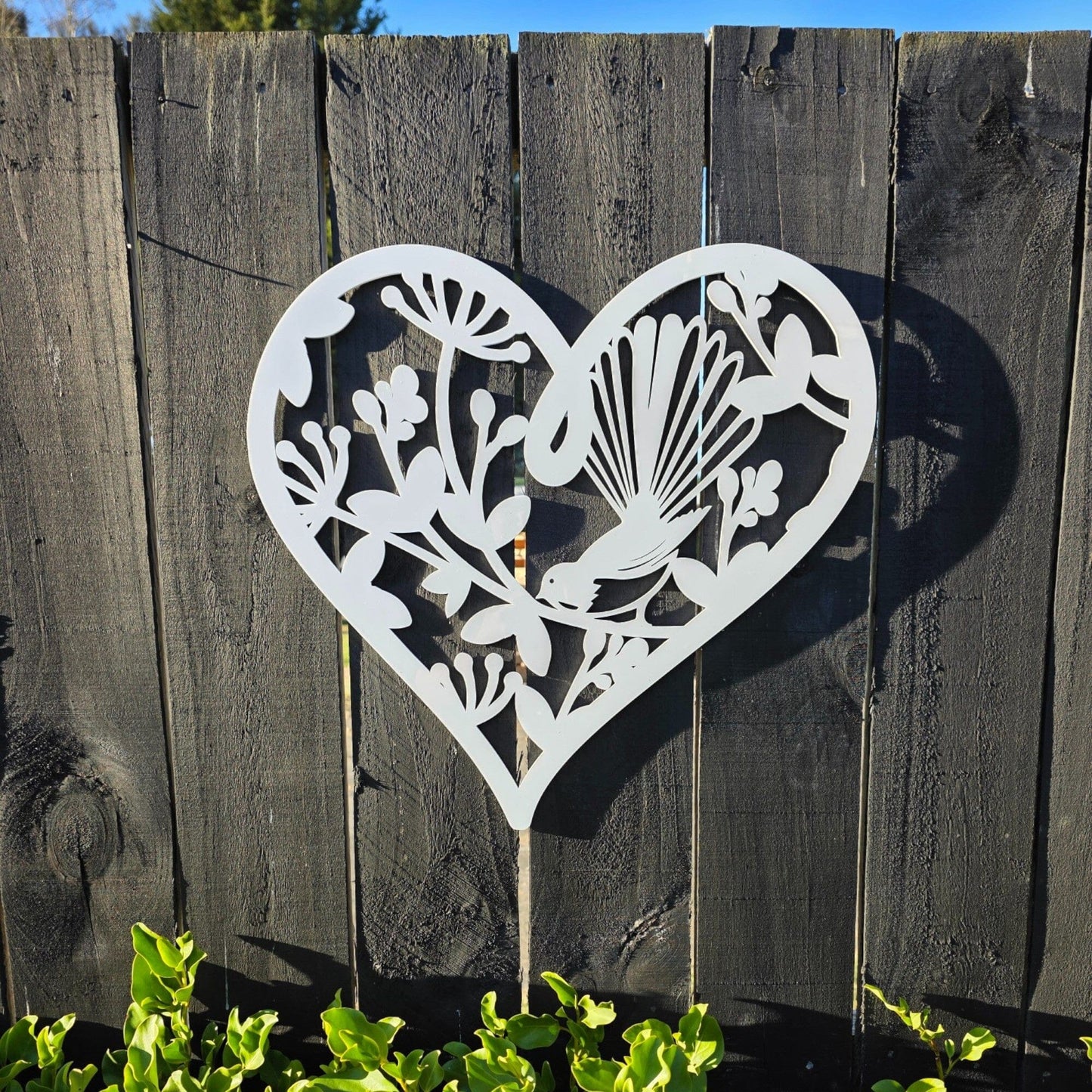 Pohutukawa Fantail Heart Wall Art Whimsic White Gloss Acrylic Small - 30cm Tall