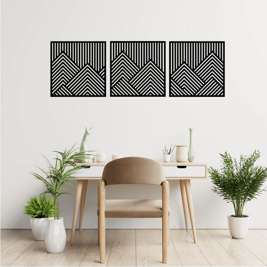 Geometric Mountain Wall Art Trio Wall Decor Whimsic Black Gloss Acrylic Small - 30cm Tall Set