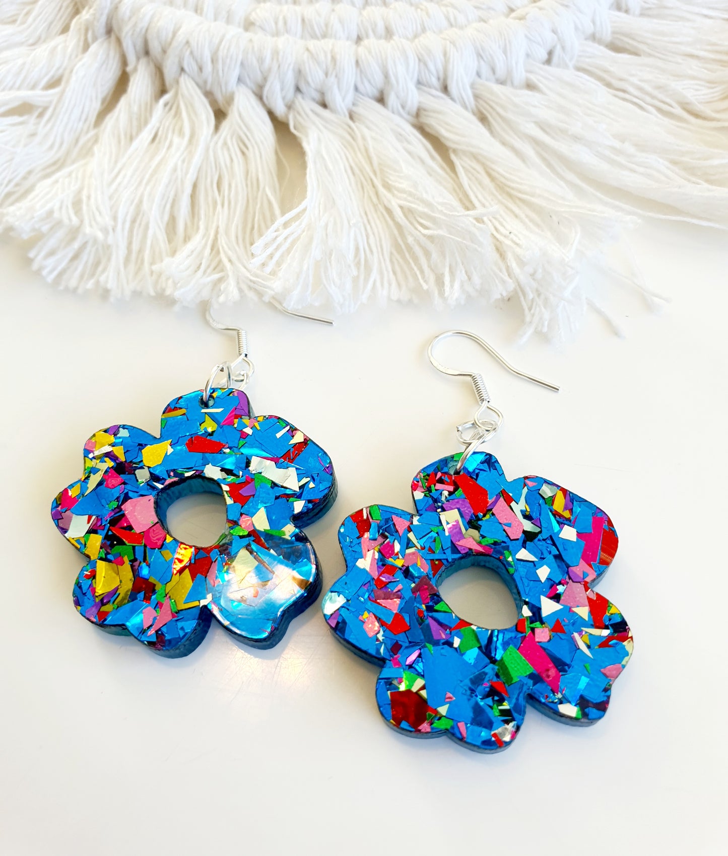 Summer Speckled Flower Earrings - Chunky Blue Glitter