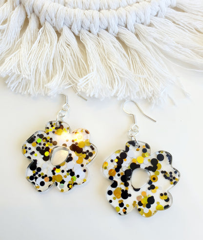 Summer Speckled Flower Earrings - Black, White & Gold