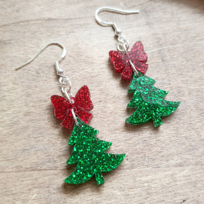 Christmas Tree & Bow Earrings Whimsic 