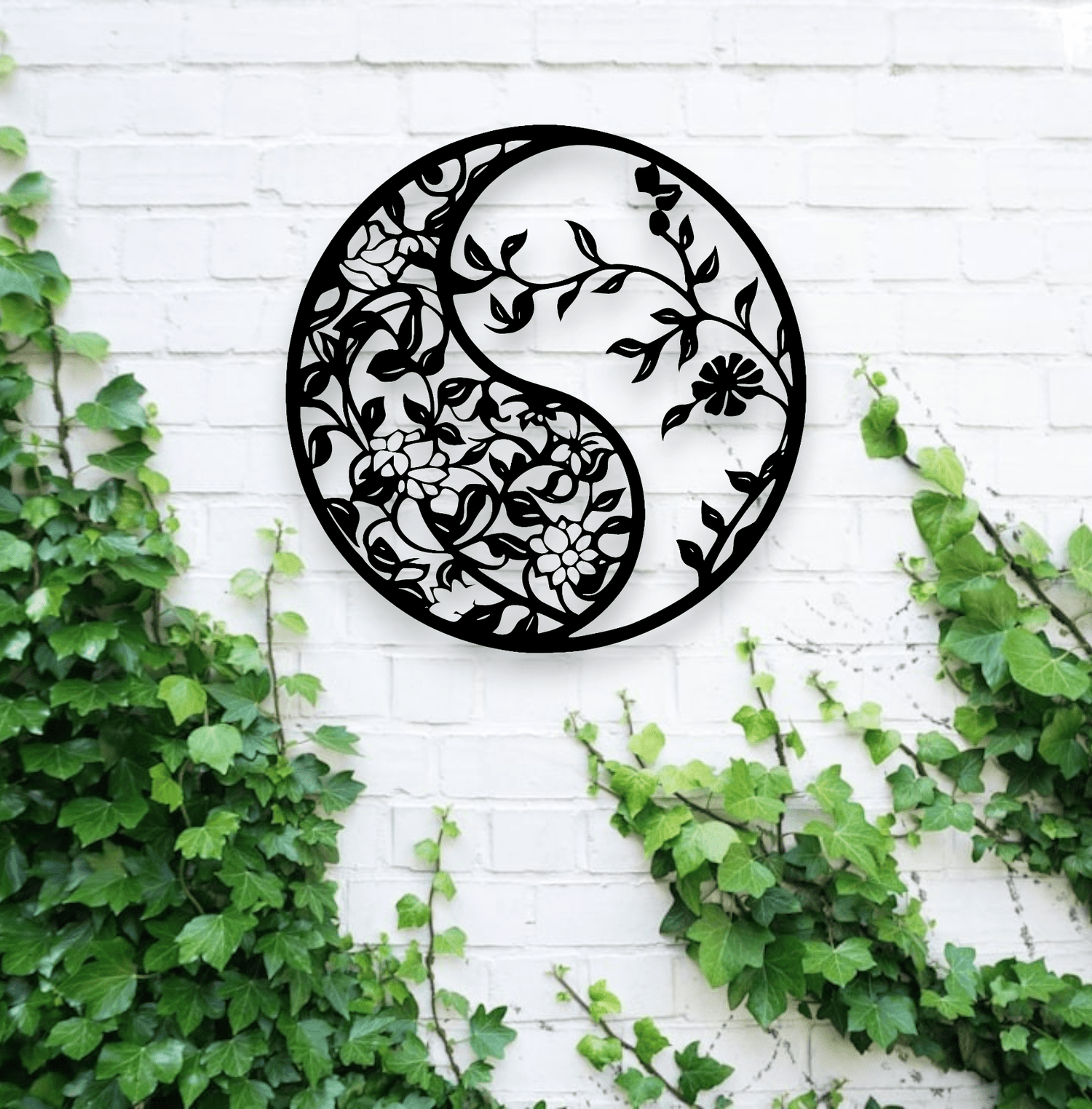 Floral Yin-Yang Wall Art Wall Decor Whimsic Small - 30cm Round Black Gloss Acrylic 
