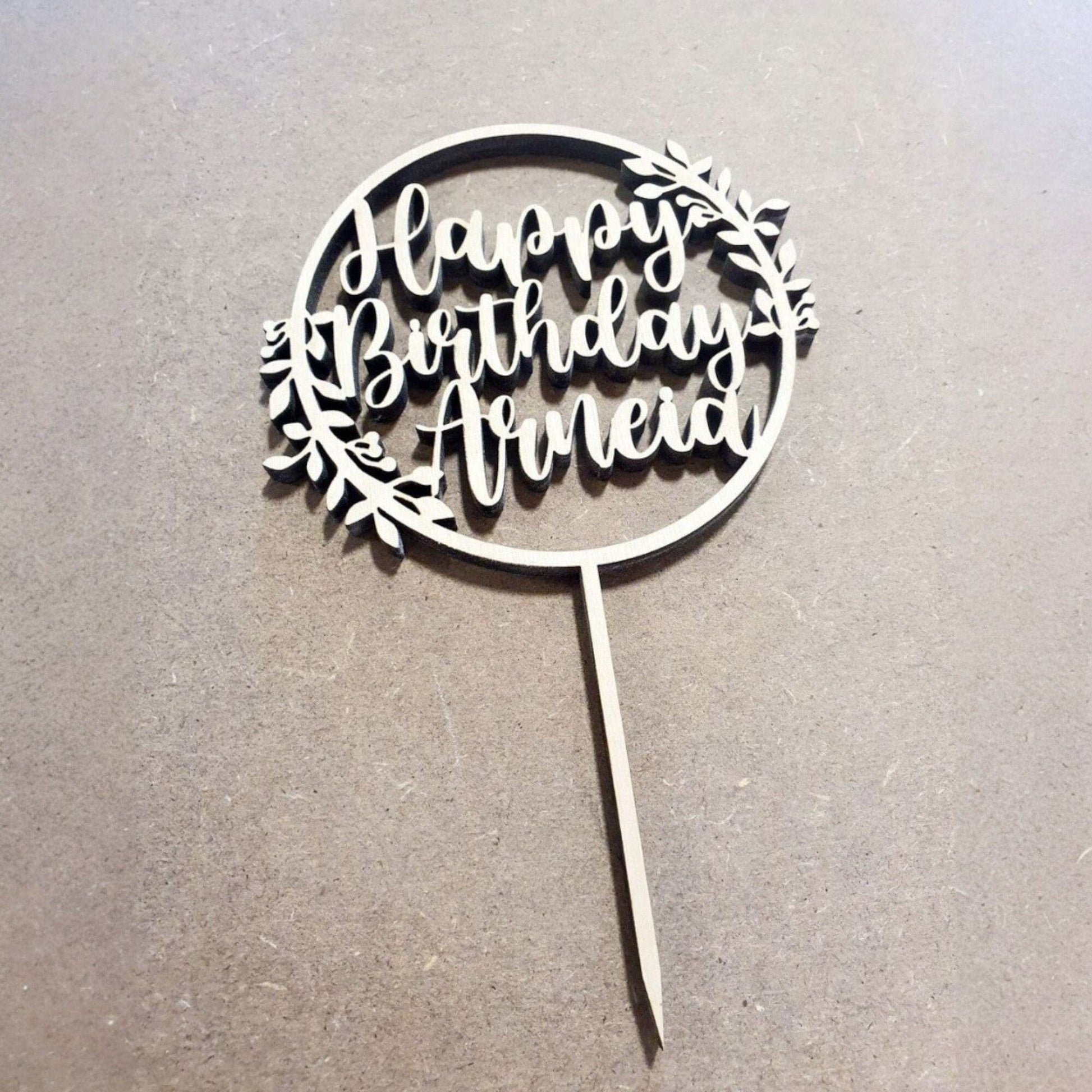 Happy Birthday Wreath Cake Topper Whimsic Small Natural Birch Ply Wood 
