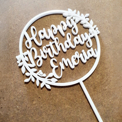 Happy Birthday Wreath Cake Topper Whimsic Small White Gloss Acrylic 
