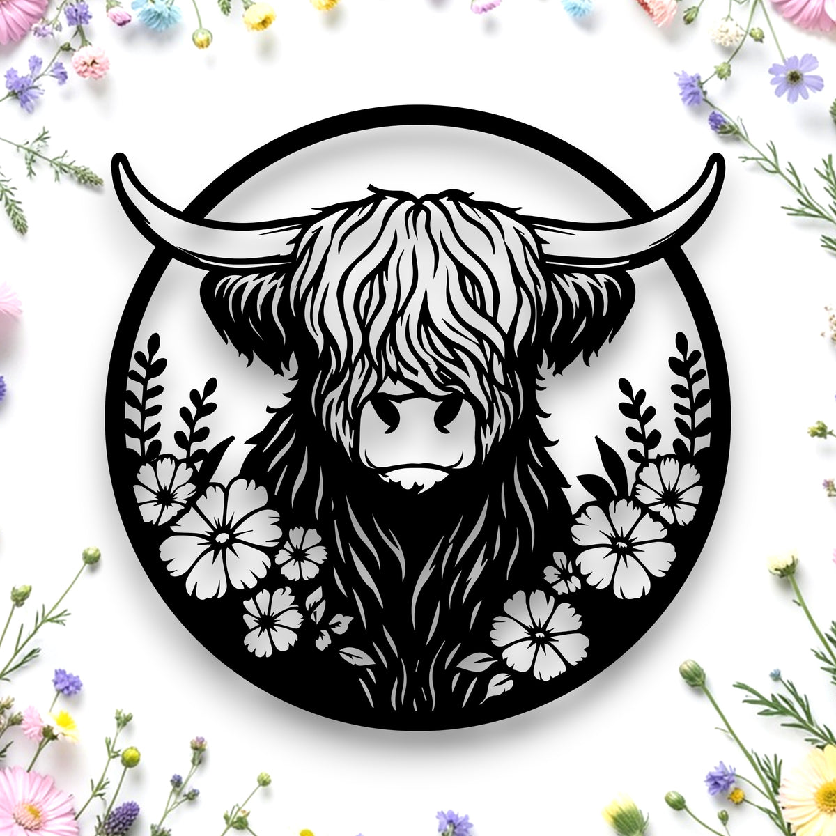 Floral Highland Cow Round Wall Art