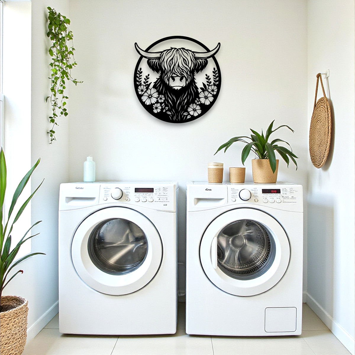 Floral Highland Cow Round Wall Art