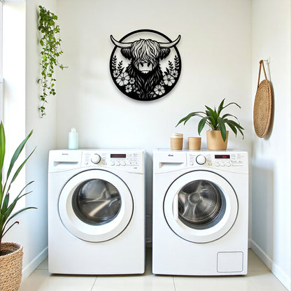 Floral Highland Cow Round Wall Art