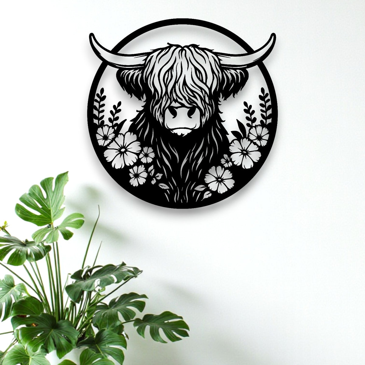 Floral Highland Cow Round Wall Art