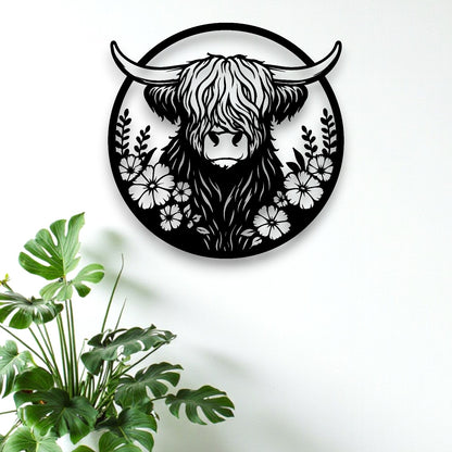 Floral Highland Cow Round Wall Art
