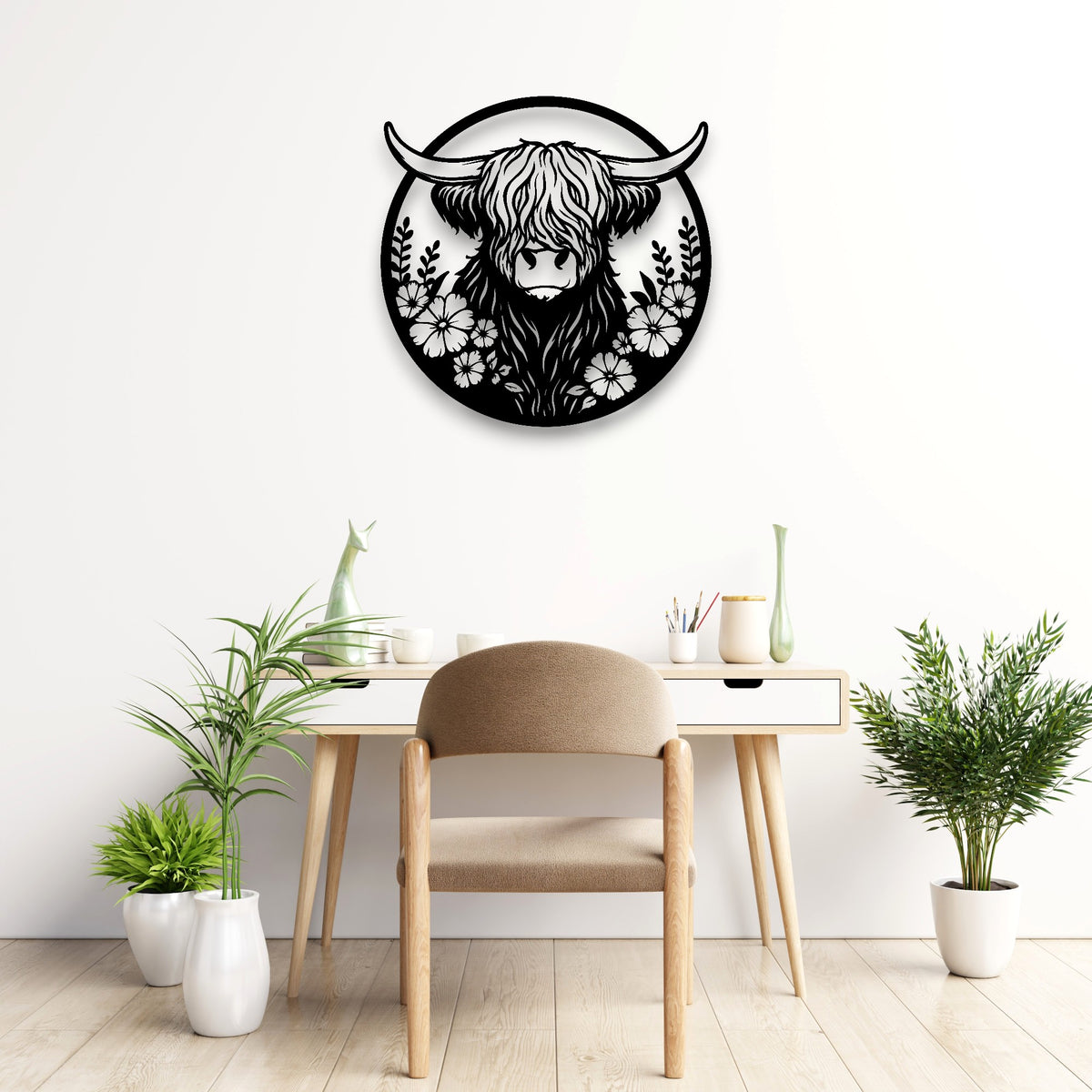 Floral Highland Cow Round Wall Art