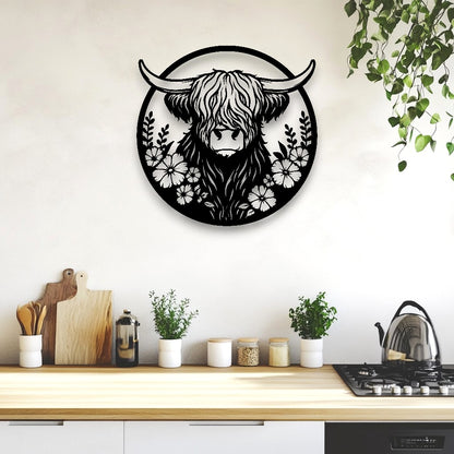 Floral Highland Cow Round Wall Art