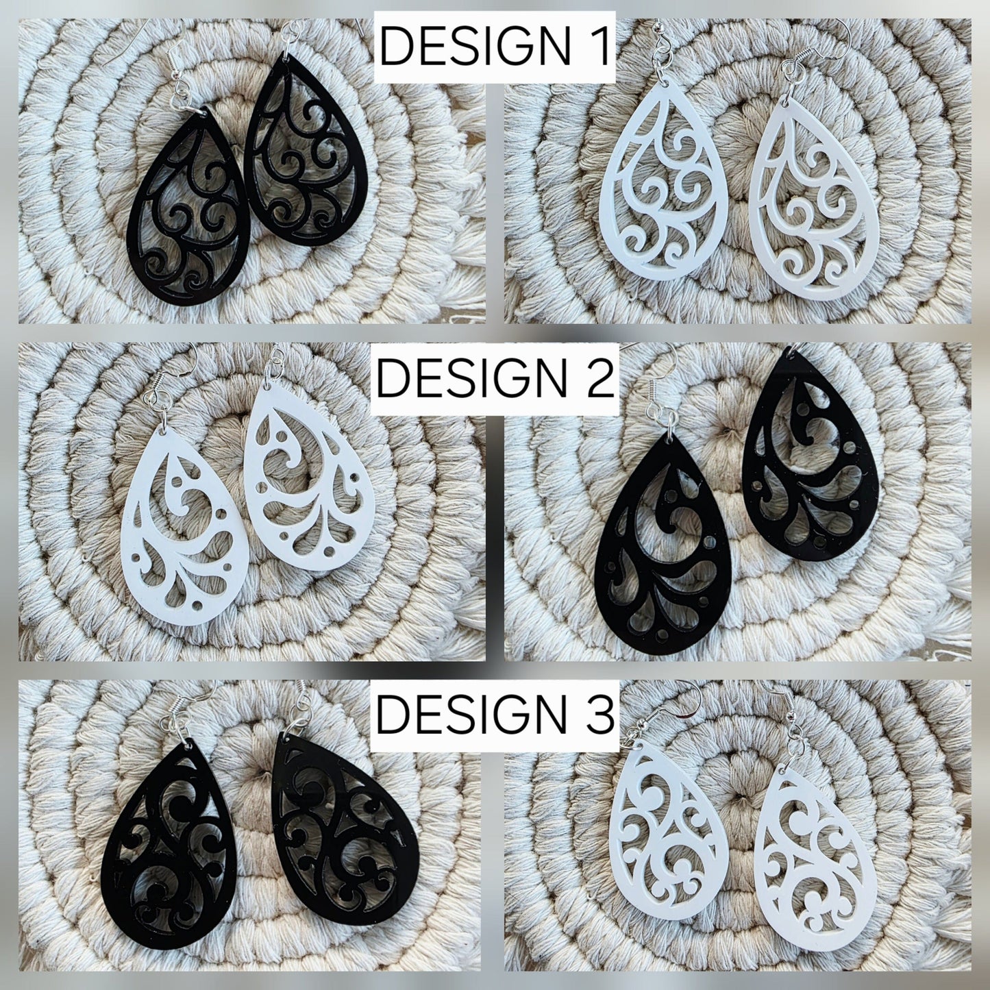 Koru Swirl Earrings Earrings Whimsic Black Gloss Acrylic All 3 Sets 