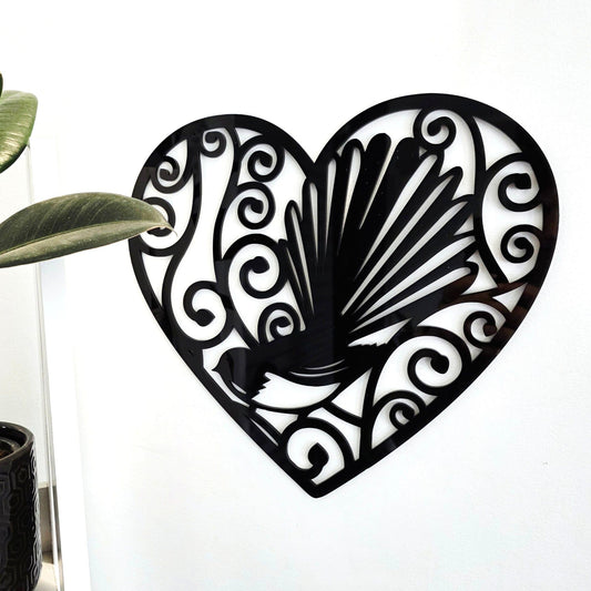 Koru Swirl Fantail Heart Whimsic Black Gloss Acrylic Small - 30cm Tall 
