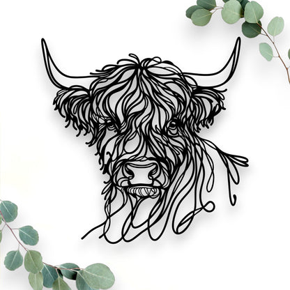 Line Art Highland Cow Head Décor Whimsic 