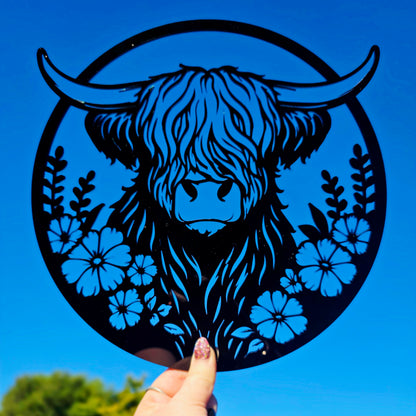 Floral Highland Cow Round Wall Art