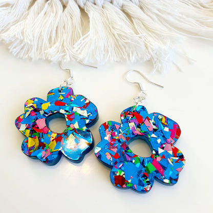 Summer Speckled Flower Earrings - Chunky Blue Glitter Earrings Whimsic 