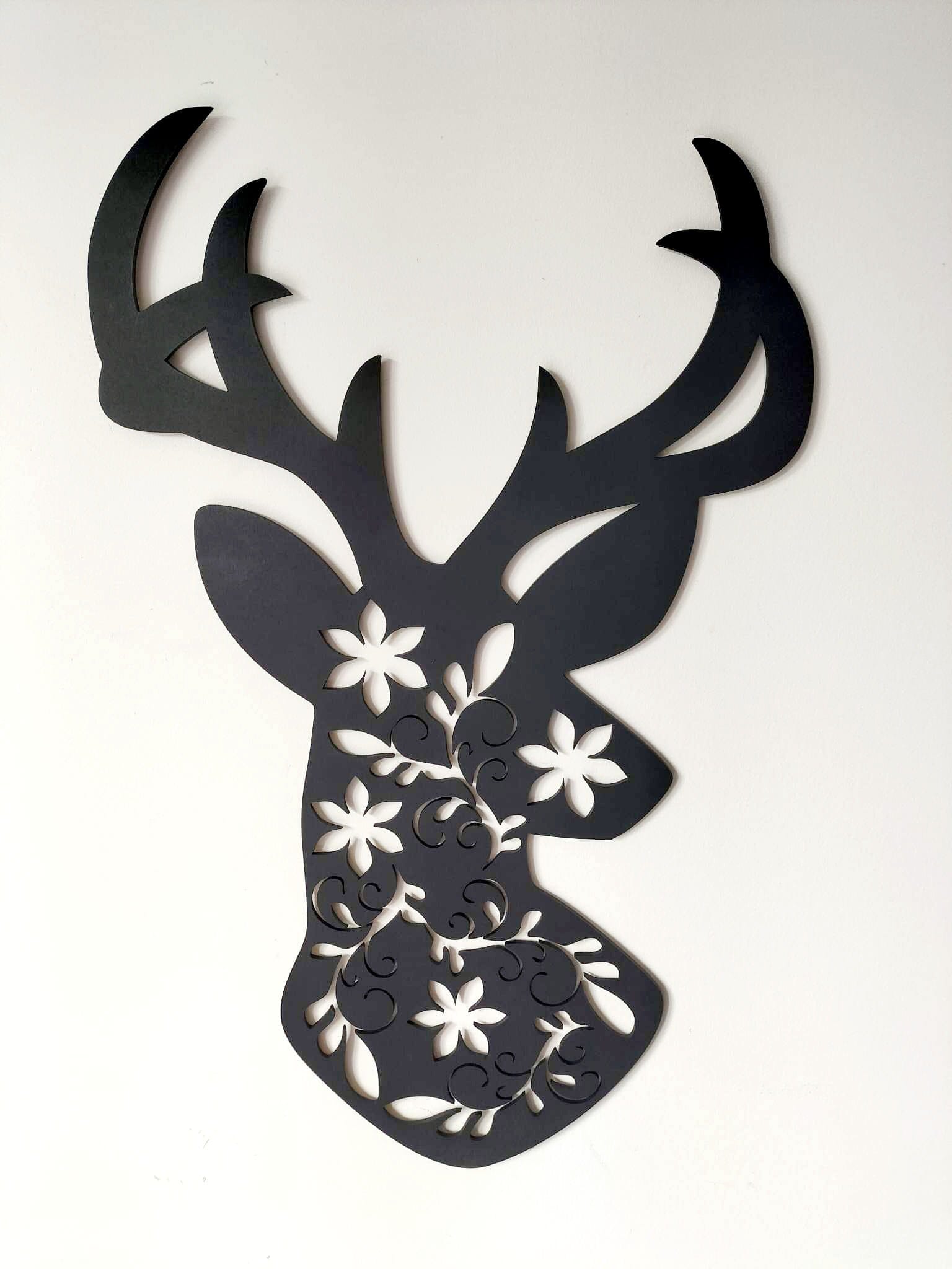 Floral Deer Wall Décor Whimsic Black Gloss Acrylic Small - 30cm Tall 