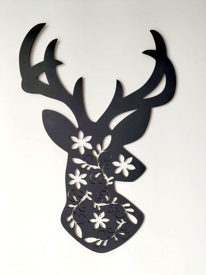 Floral Deer Wall Décor Whimsic Black Gloss Acrylic Small - 30cm Tall 